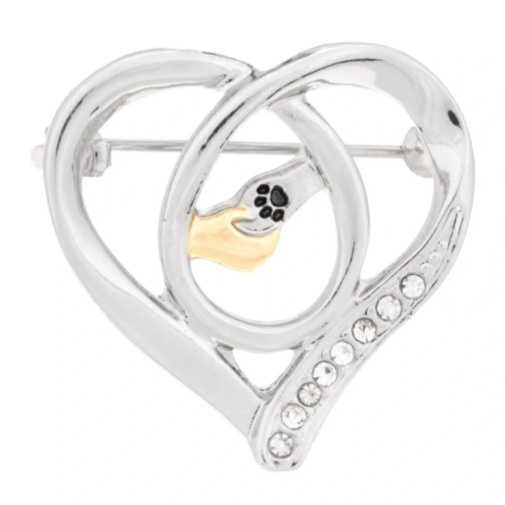 Greater Good Network Paw in Hand Heart Silver & Gold Crystal Lined Brooch Pin